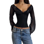 Damen elegantes Oberteil mit transparenten Ärmeln und schmaler Silhouette R&B
