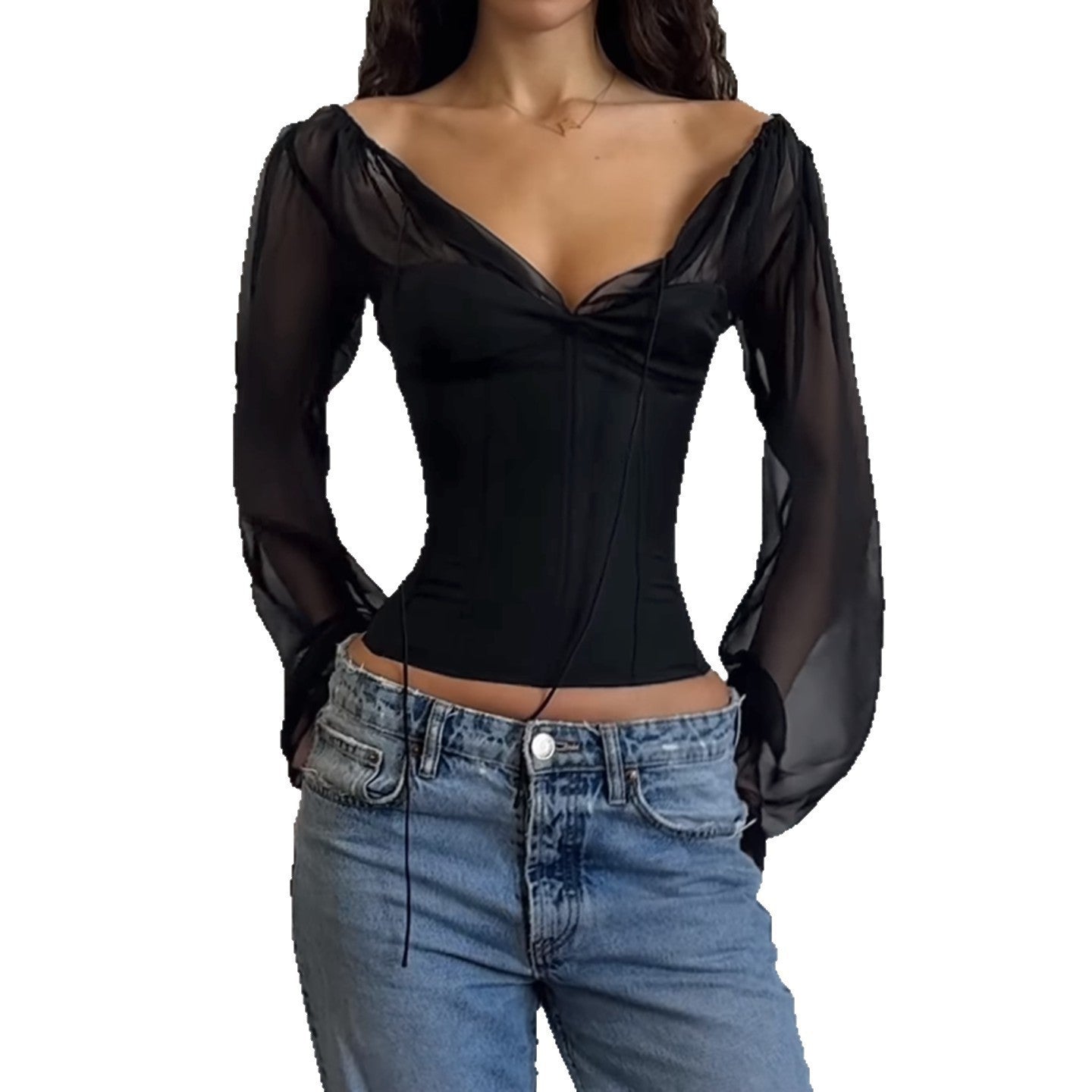 Damen elegantes Oberteil mit transparenten Ärmeln und schmaler Silhouette R&B