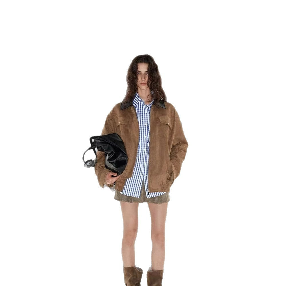Damen Luxuriöse Wildlederjacke mit modernem Stehkragen R&B