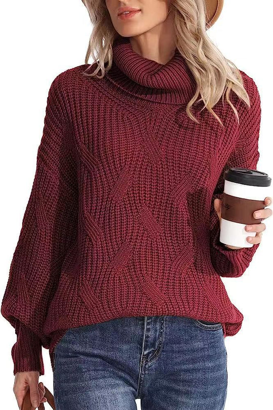 Damen Weicher Strickpullover mit hohem Kragen und Kabelmuster R&B
