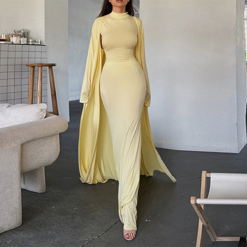Damen elegantes Maxikleid mit weitem Cape und langen Ärmeln R&B