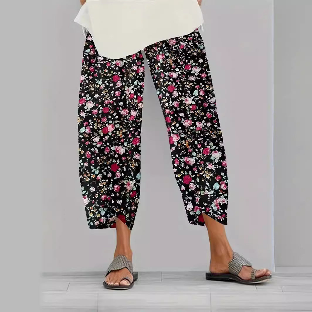Damen lässige weite Stoffhose mit floralem Muster und elastischem Bund R&B