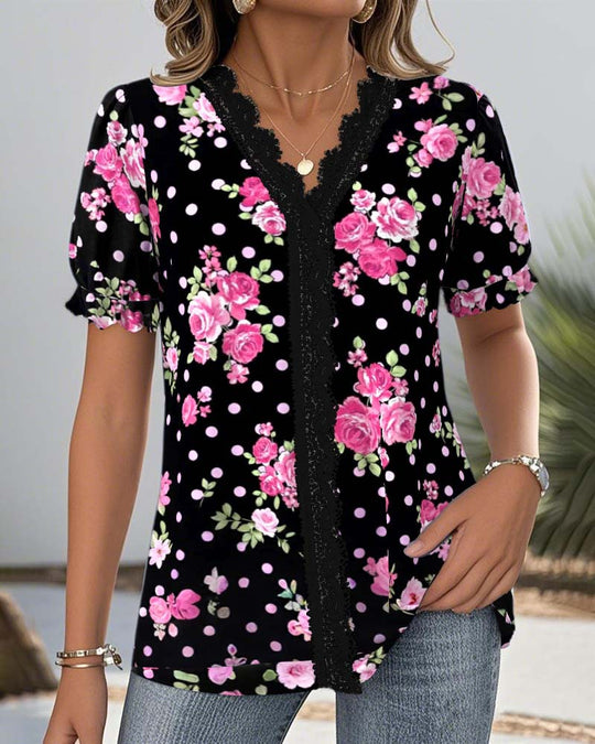 Damen nan florale V-Ausschnitt-Bluse mit dekorativer Spitzenblende und gerafften Kurzärmeln R&B