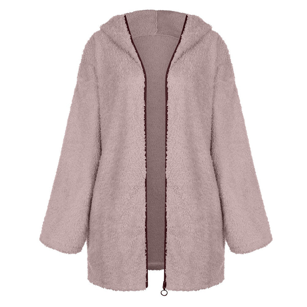 Damen Flauschige Kapuzenjacke im oversized Schnitt mit Eingrifftaschen und Reißverschluss R&B