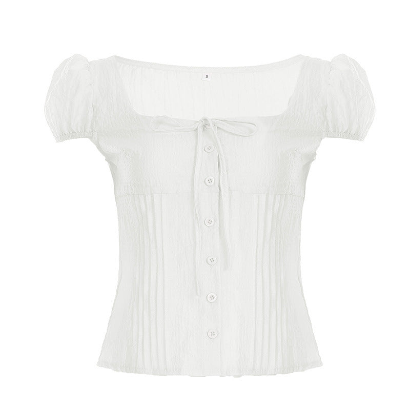 Damen Kurzarm Hemdbluse mit eleganter Raffung und verspieltem BindR&Band R&B