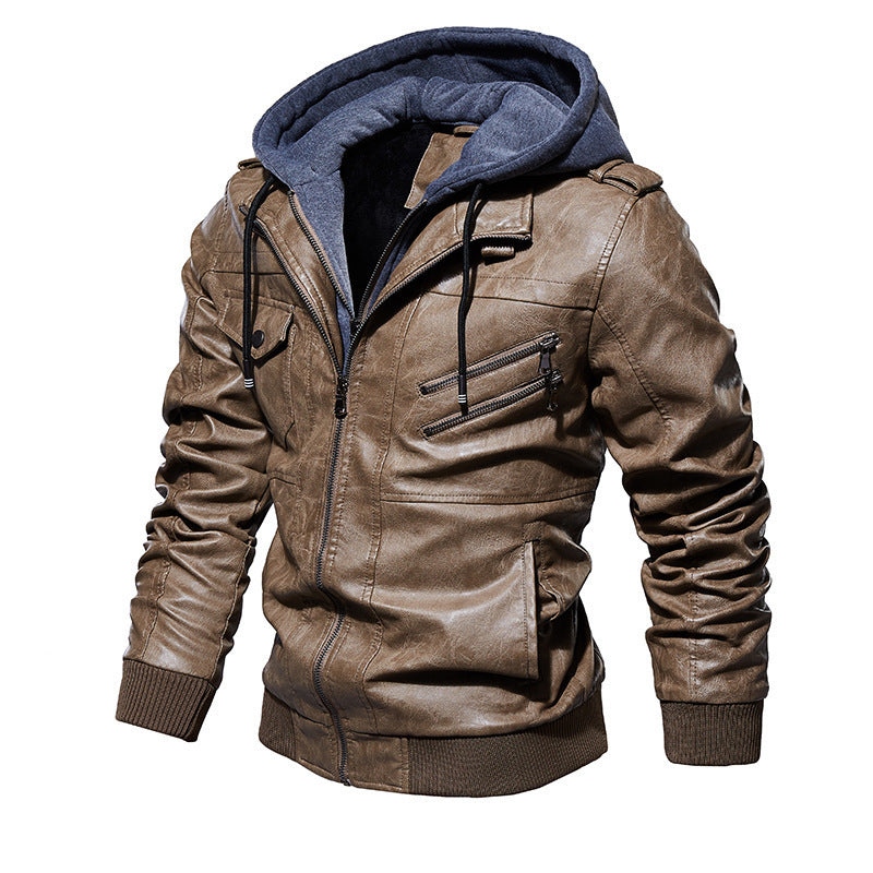 Herren lässige Kunstlederjacke mit abnehmbarer Kapuze und zahlreichen Taschen R&B