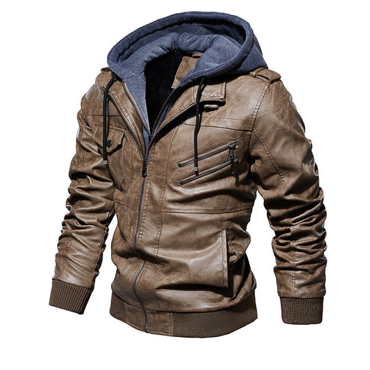 Herren lässige Kunstlederjacke mit abnehmbarer Kapuze und zahlreichen Taschen R&B