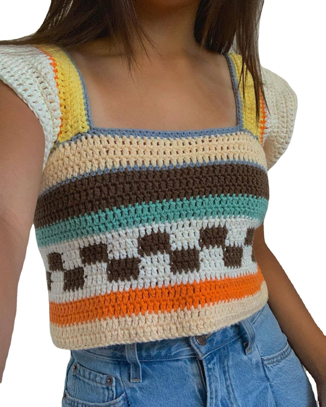 Damen gehäkeltes Crop-Top mit buntem Streifenmuster und Quadrat-Ausschnitt R&B