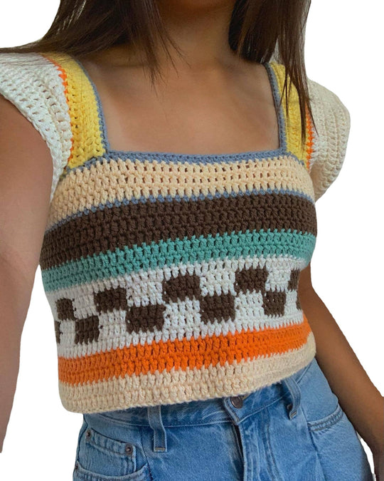 Damen gehäkeltes Crop-Top mit buntem Streifenmuster und Quadrat-Ausschnitt R&B