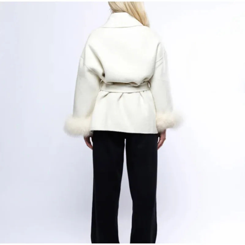 Damen Elegante Wickeljacke mit Teddyfellärmeln R&B