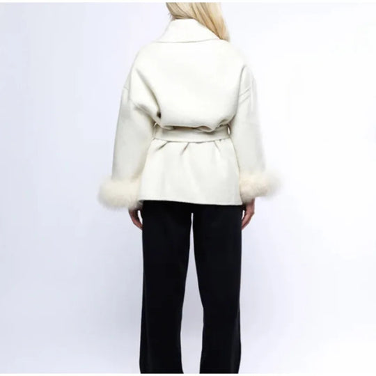Damen Elegante Wickeljacke mit Teddyfellärmeln R&B