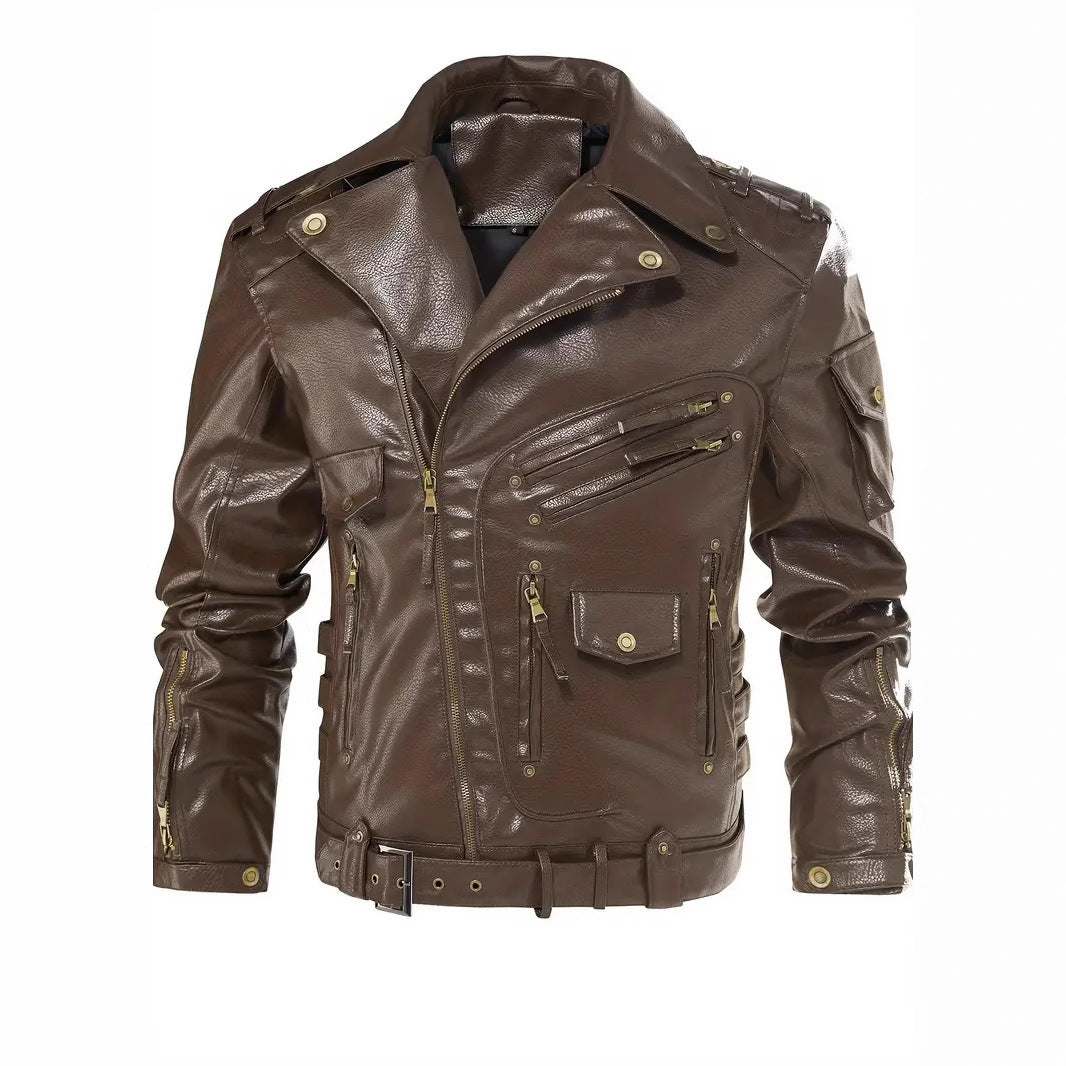 Herren Stylische Bikerjacke mit Mehreren Reißverschlusstaschen und Gürteldetail R&B