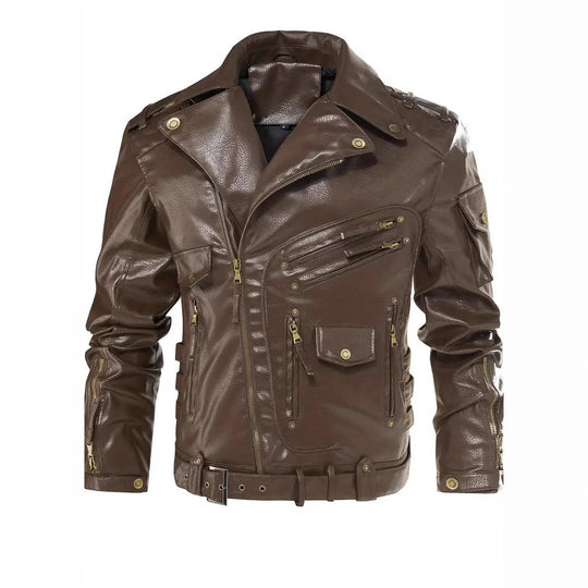 Herren Stylische Bikerjacke mit Mehreren Reißverschlusstaschen und Gürteldetail R&B