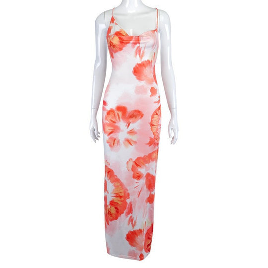 Damen langes Sommerkleid mit floralem Druck und verstellbaren Spaghettiträgern R&B