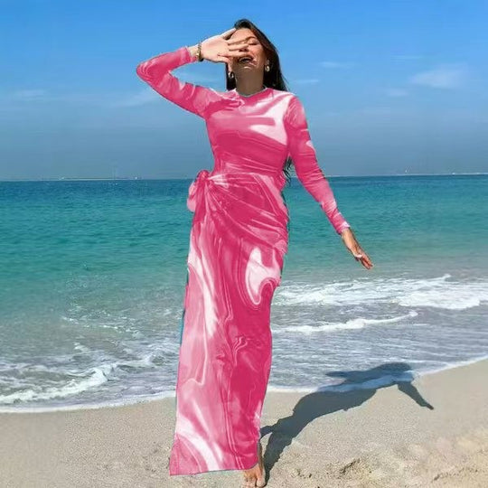 Damen Elegantes langärmeliges Strandkleid im fließenden Design R&B