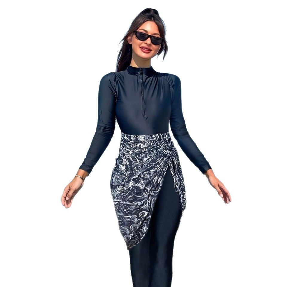 Damen Sportlicher Langarm-Badeanzug mit Wickelrock R&B