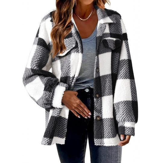 Damen Flauschige Karojacke mit Druckknopfverschluss und praktischen Taschen R&B