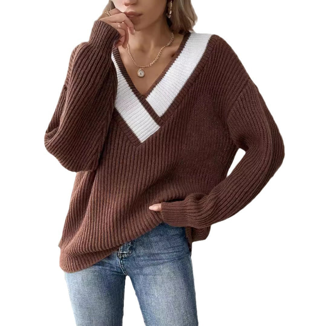 Damen oversized V-Pullover mit strukturiertem Rippstrickdesign R&B