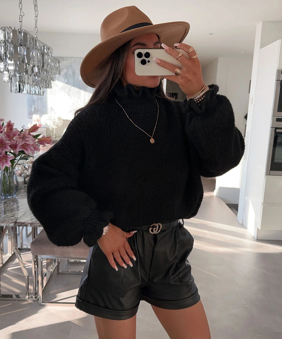 Damen kuscheliger Rollkragenpullover mit weiten Ärmeln und strukturellem Design R&B
