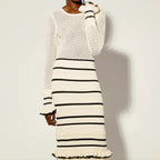 Damen Strickmaxikleid mit raffiniertem Lochmuster und kontrastierendem Streifen R&B