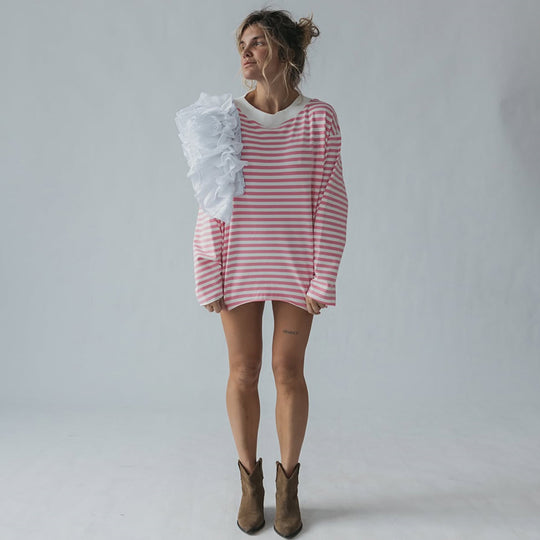 Damen Oversize Streifenpullover mit Rüschendetails R&B