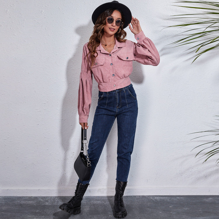 Damen Modische Cordjacke mit lässigem Schnitt und großen Taschen R&B