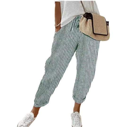 Damen lässige Streifenhose mit elastischem Bund und praktischen Eingrifftaschen R&B