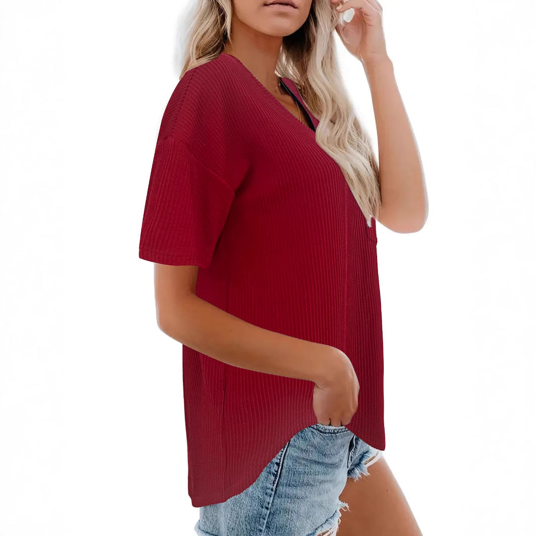 Damen Kurzarmshirt mit V-Ausschnitt und feiner Rippstruktur R&B