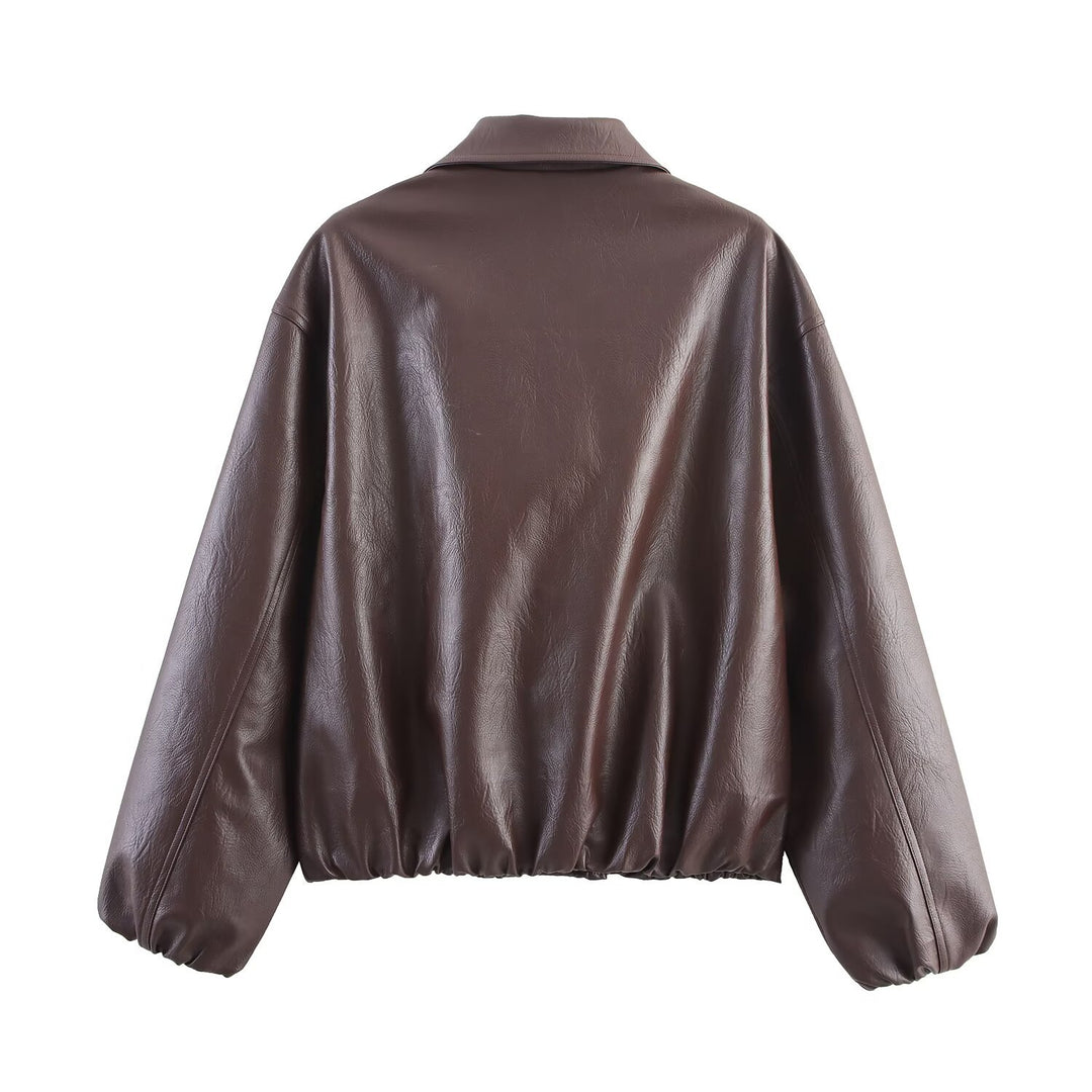 Damen modische Kunstlederjacke mit hohem Kragen und elastischer Taille R&B