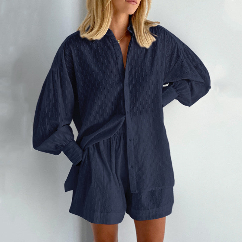 Damen lässiges Hemd-Shorts-Set mit elegantem Webmuster R&B