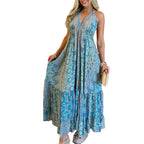 Damen Maxikleid Im Verspielten Boho-Stil mit Tiefem V-Ausschnitt und Schwingendem Rock R&B