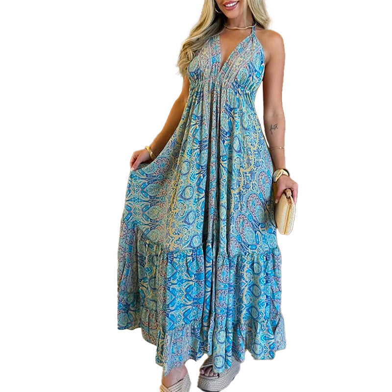 Damen Maxikleid Im Verspielten Boho-Stil mit Tiefem V-Ausschnitt und Schwingendem Rock R&B