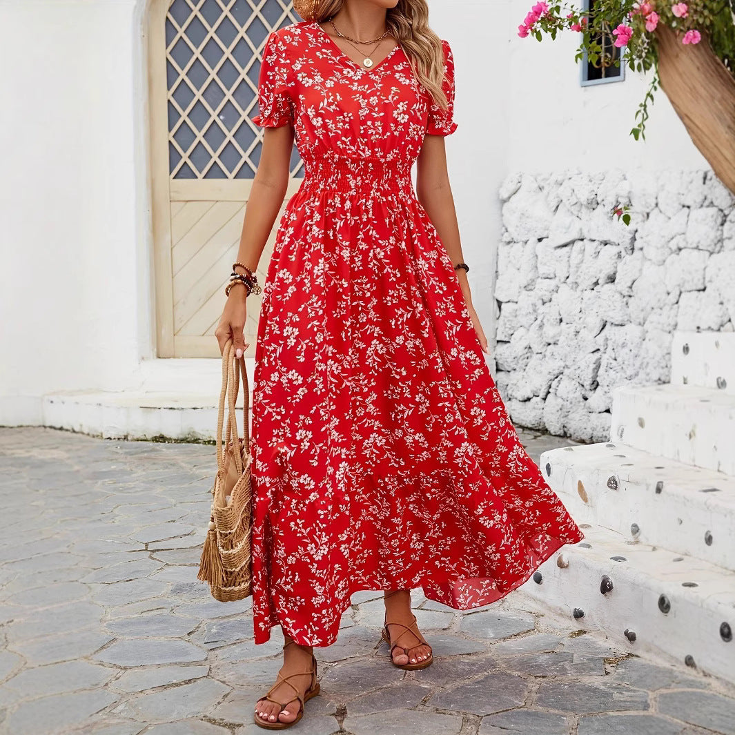 Damen Maxikleid mit V-Ausschnitt und gefertigtem Gummizug R&B
