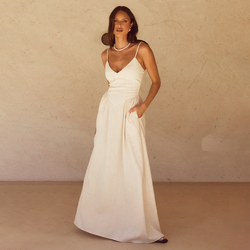 Damen elegantes Maxikleid mit feinen Spaghettiträgern und fließendem Rock EB