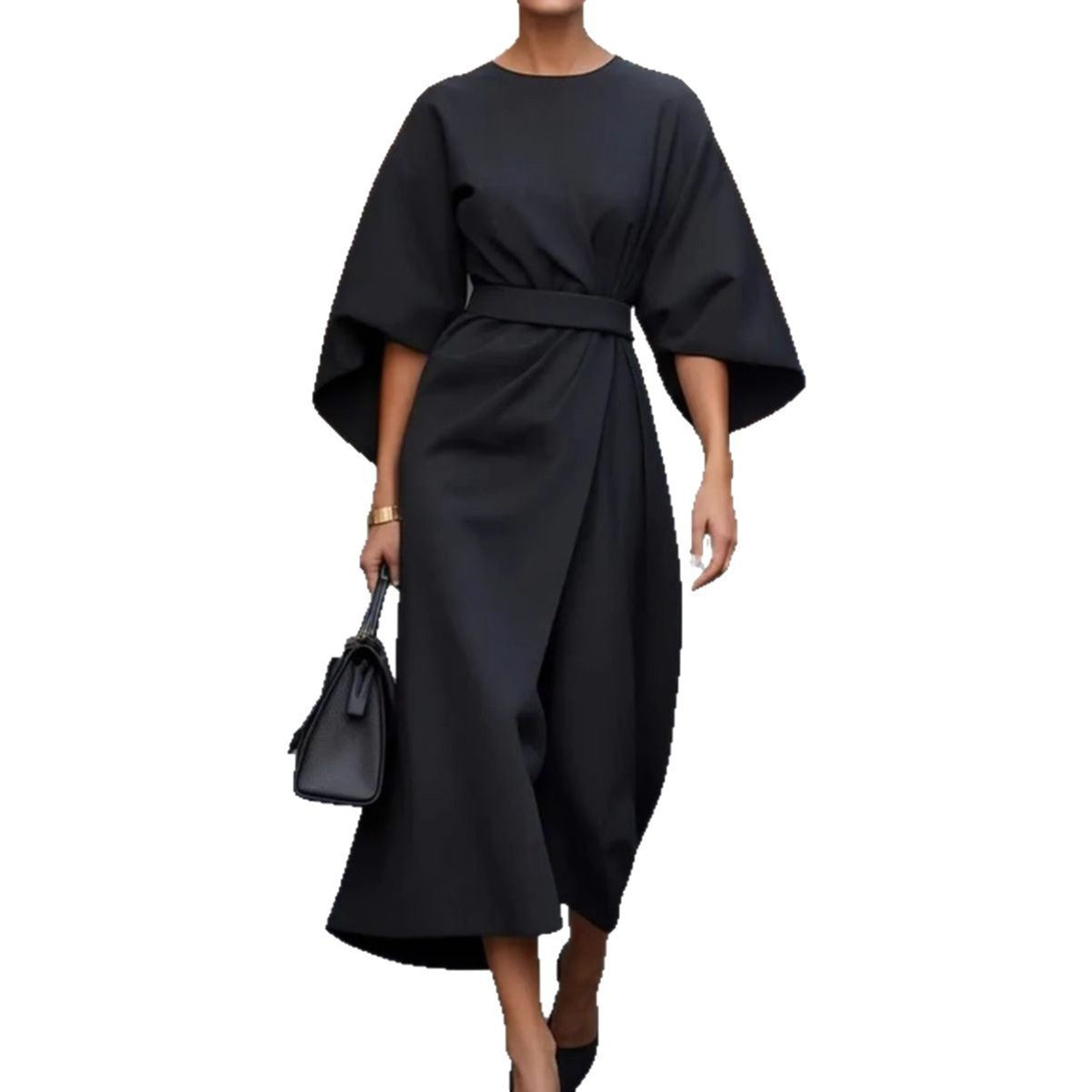 Damen Maxikleid mit eleganten Ballonärmeln und Taillengürtel