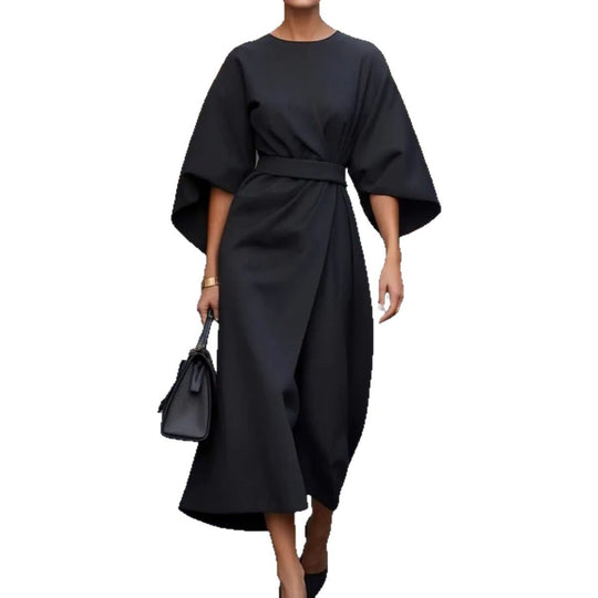 Damen Maxikleid mit eleganten Ballonärmeln und Taillengürtel R&B
