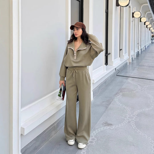 Damen gemütliches Fleece-Loungewear-Set mit hochgezogenem Kragen und lockerer Passform R&B