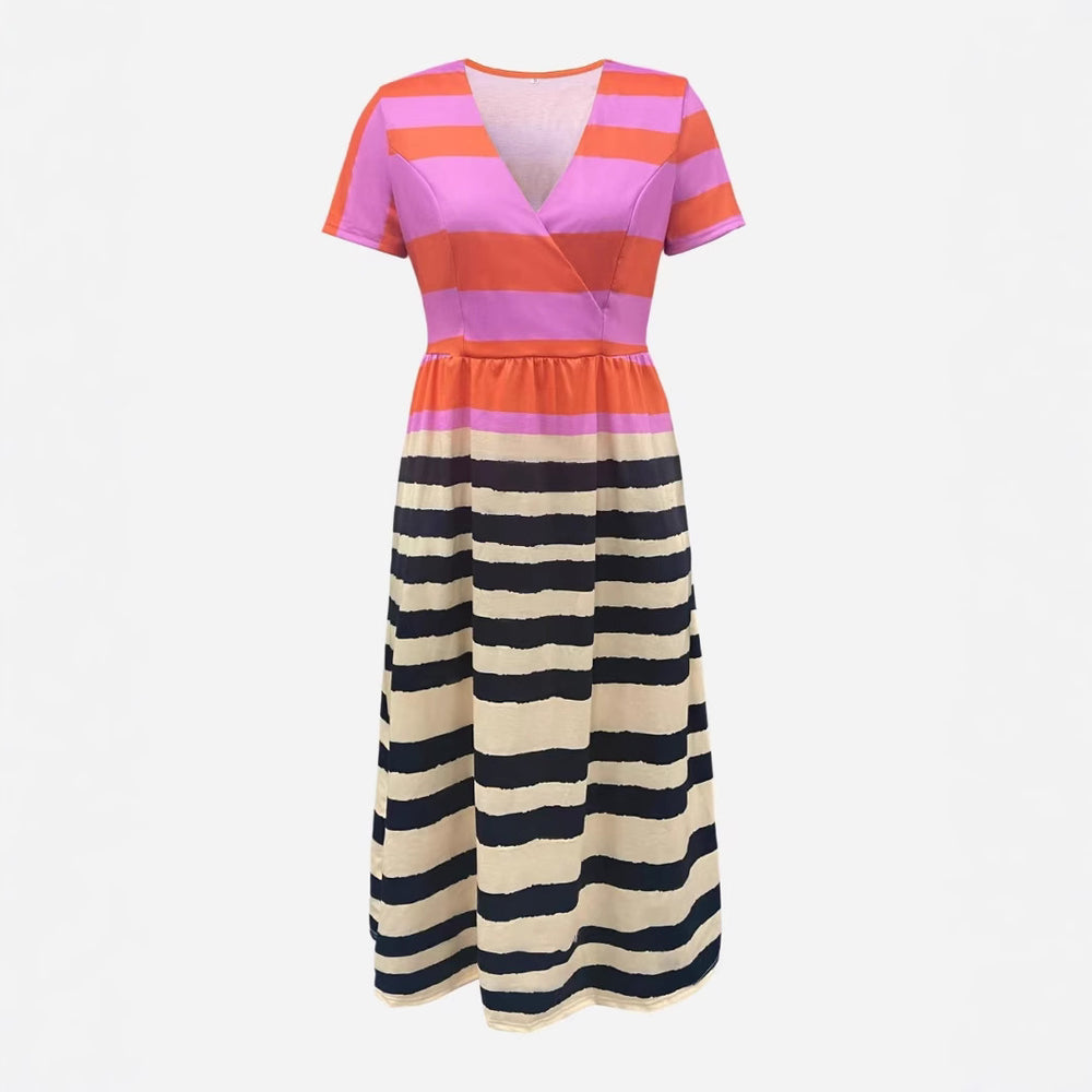 Damen Maxikleid mit tiefem V-Ausschnitt und modischem Streifenmuster R&B