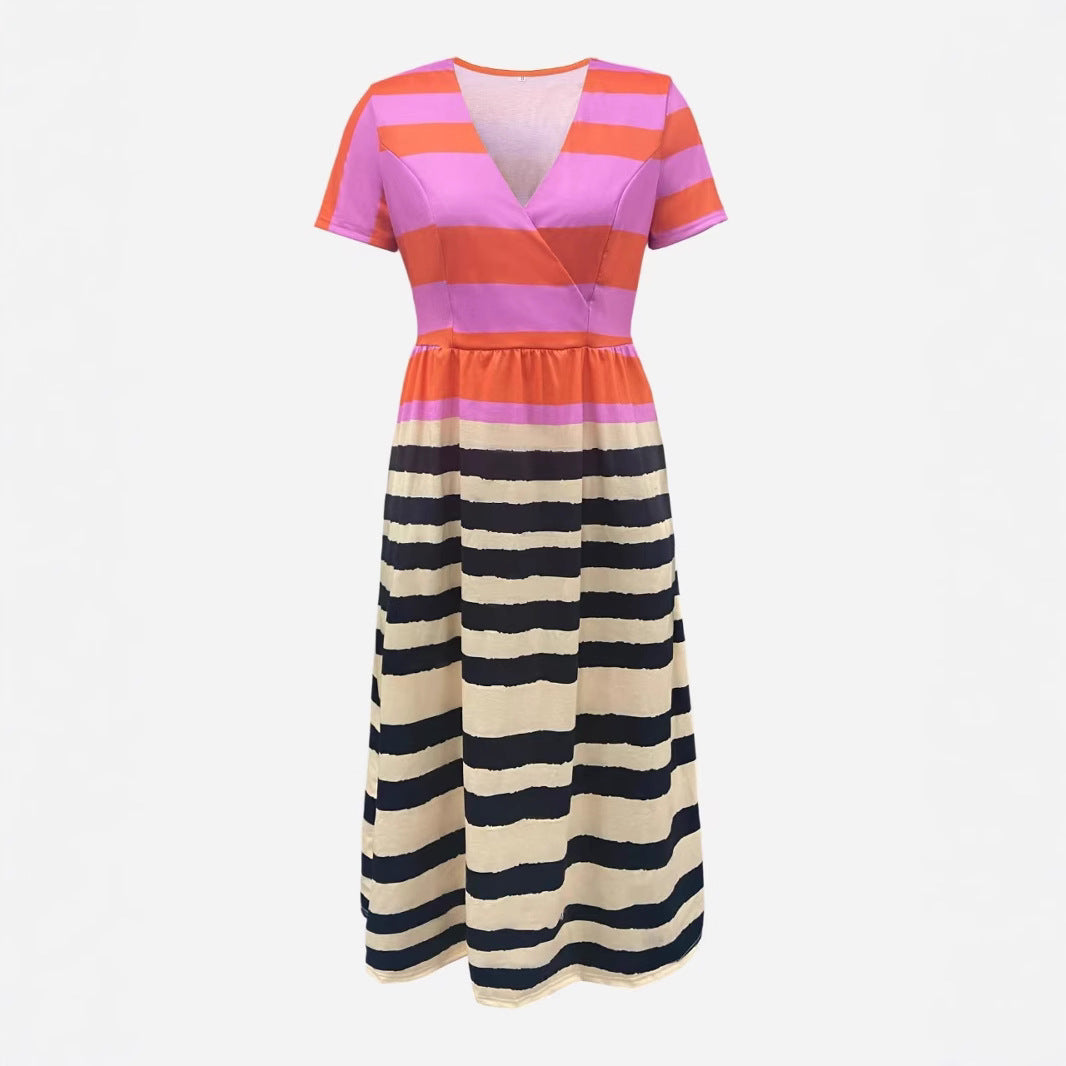 Damen Maxikleid mit tiefem V-Ausschnitt und modischem Streifenmuster R&B