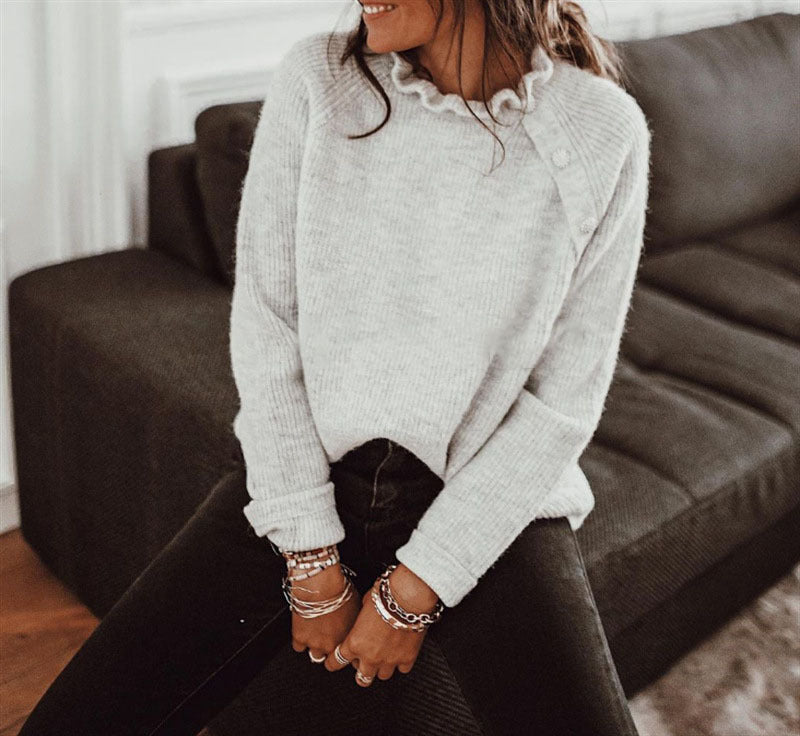 Damen Pullover mit Rüschendetails und Knopfverschluss R&B