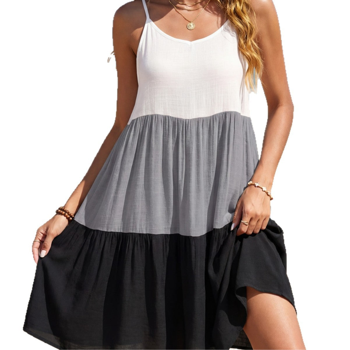 Damen luftiges Sommerkleid mit modischem Farbverlauf und verstellbaren Trägern R&B