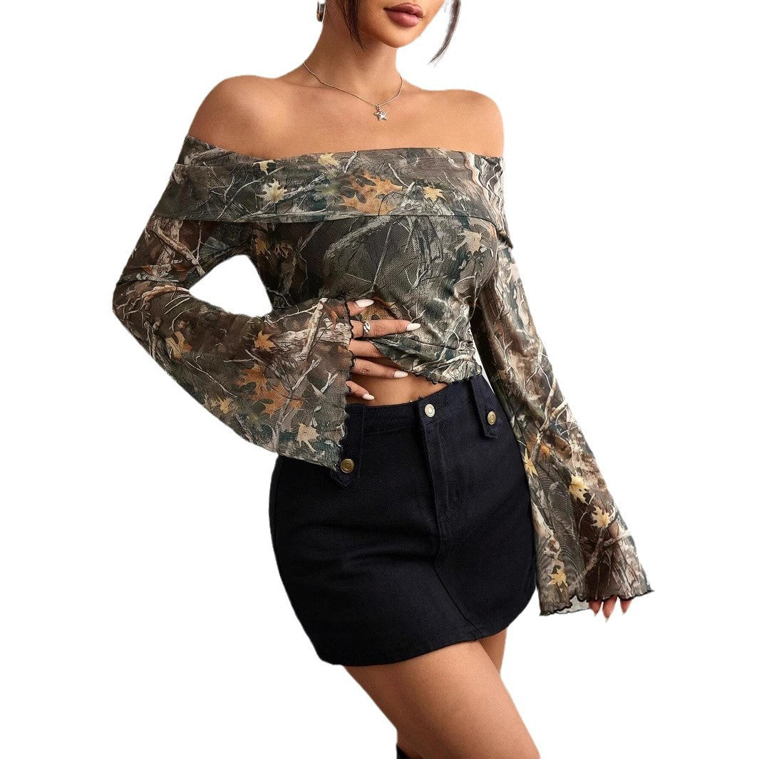 Damen nan schulterfreies Langarm-Top mit Camouflage-Blattmuster und ausgestellten Ärmeln R&B