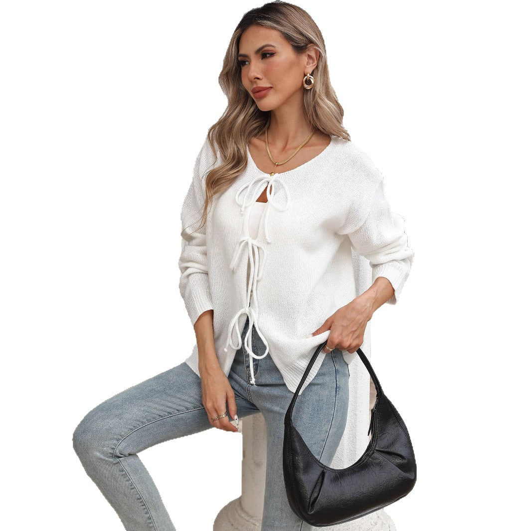Damen lockere Strickjacke mit Tunnelzug R&B