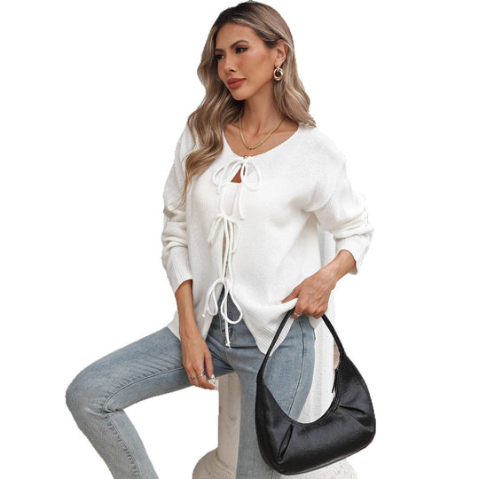 Damen lockere Strickjacke mit Tunnelzug R&B