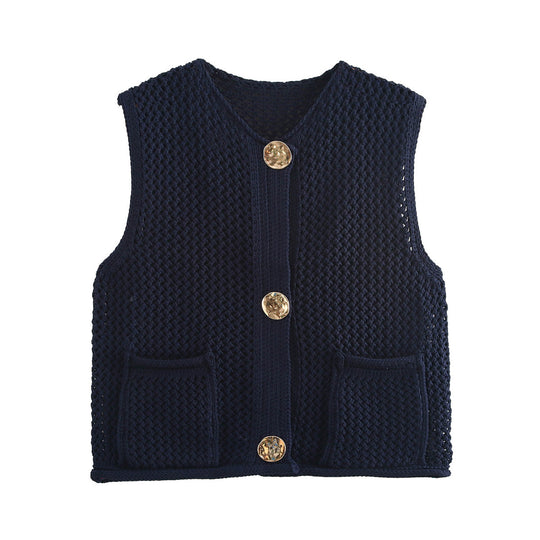 Damen Strickweste mit Taschen und dekorativen Knopfdetails R&B