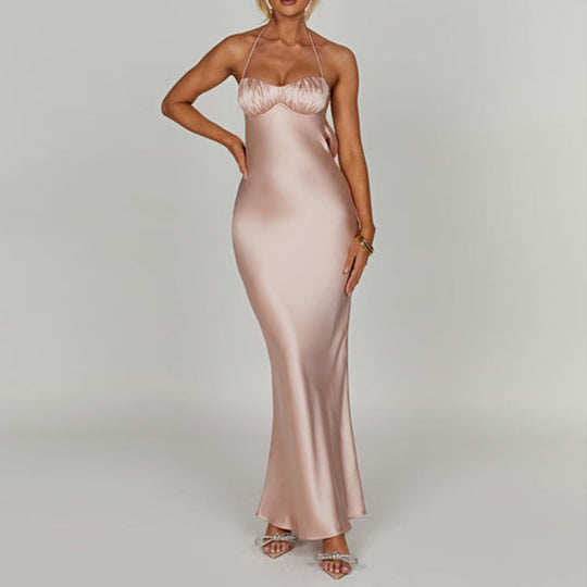 Damen elegantes Satin-Abendkleid mit dünnen Trägern R&B