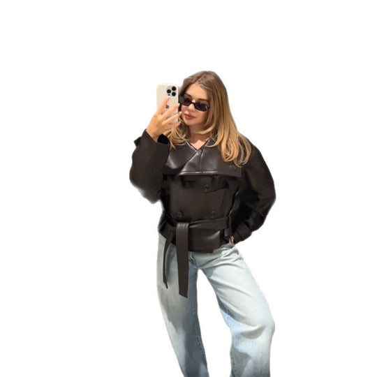 Damen Modische Cropped jacke mit doppelter Knopfleiste und breitem Kragen R&B