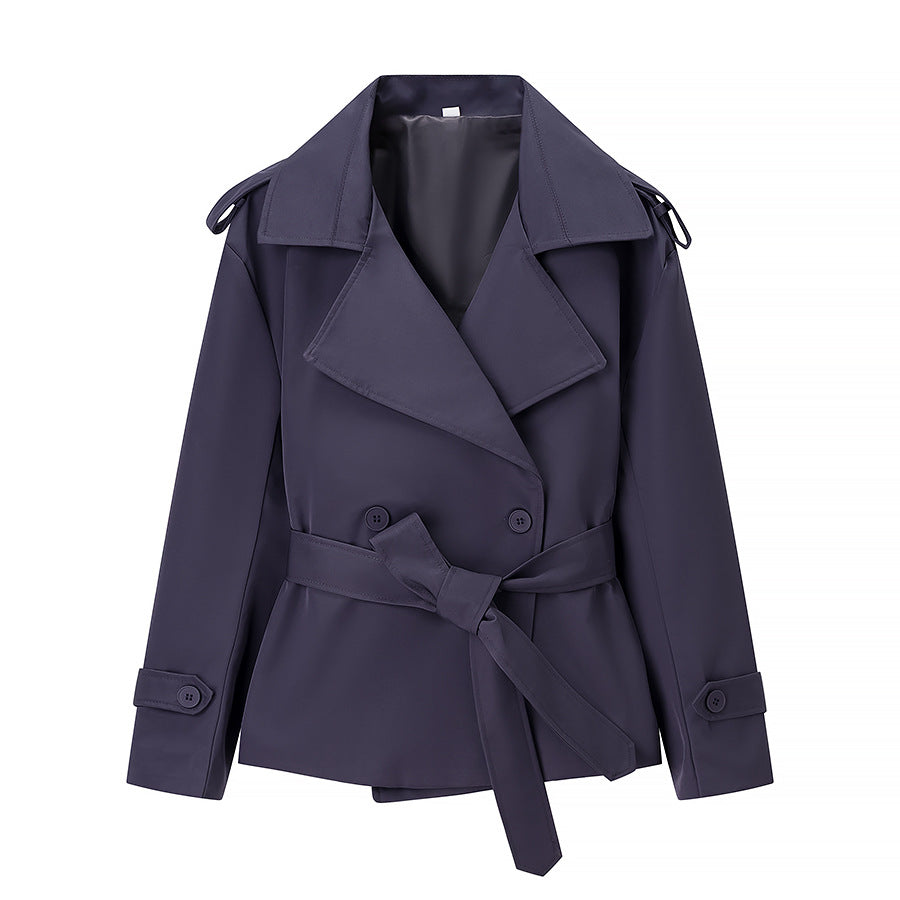 Damen nan kurze Trenchcoat Jacke mit Taillengürtel breitem Revers und dekorativen Schulterklappen R&B