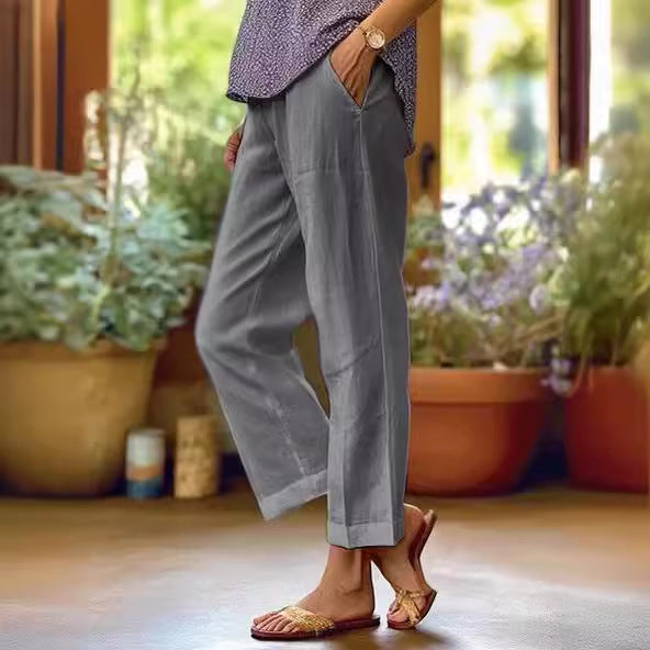Damen nan lässige Cropped-Hose mit geradem Bein, dezenter Bügelfalte und seitlichen Eingrifftaschen R&B