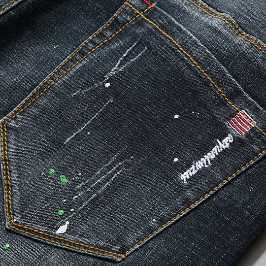 Herren Slim Fit Jeans mit kreativen Rissdesign und Farbklecksen R&B